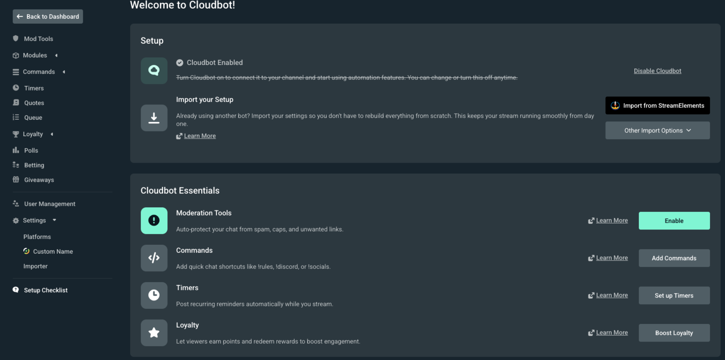 Cloudbot welcome main page with essentials